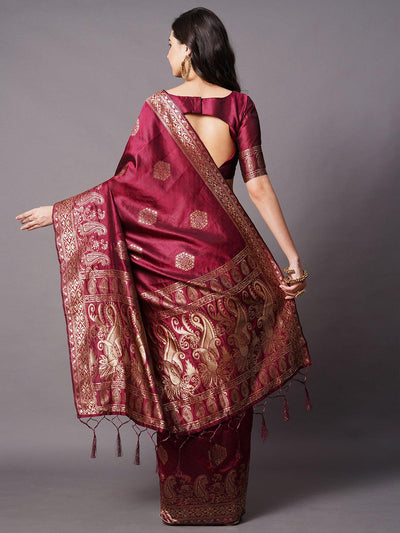 Magenta Festive Silk Blend Woven Design Saree With Unstitched Blouse - Odette