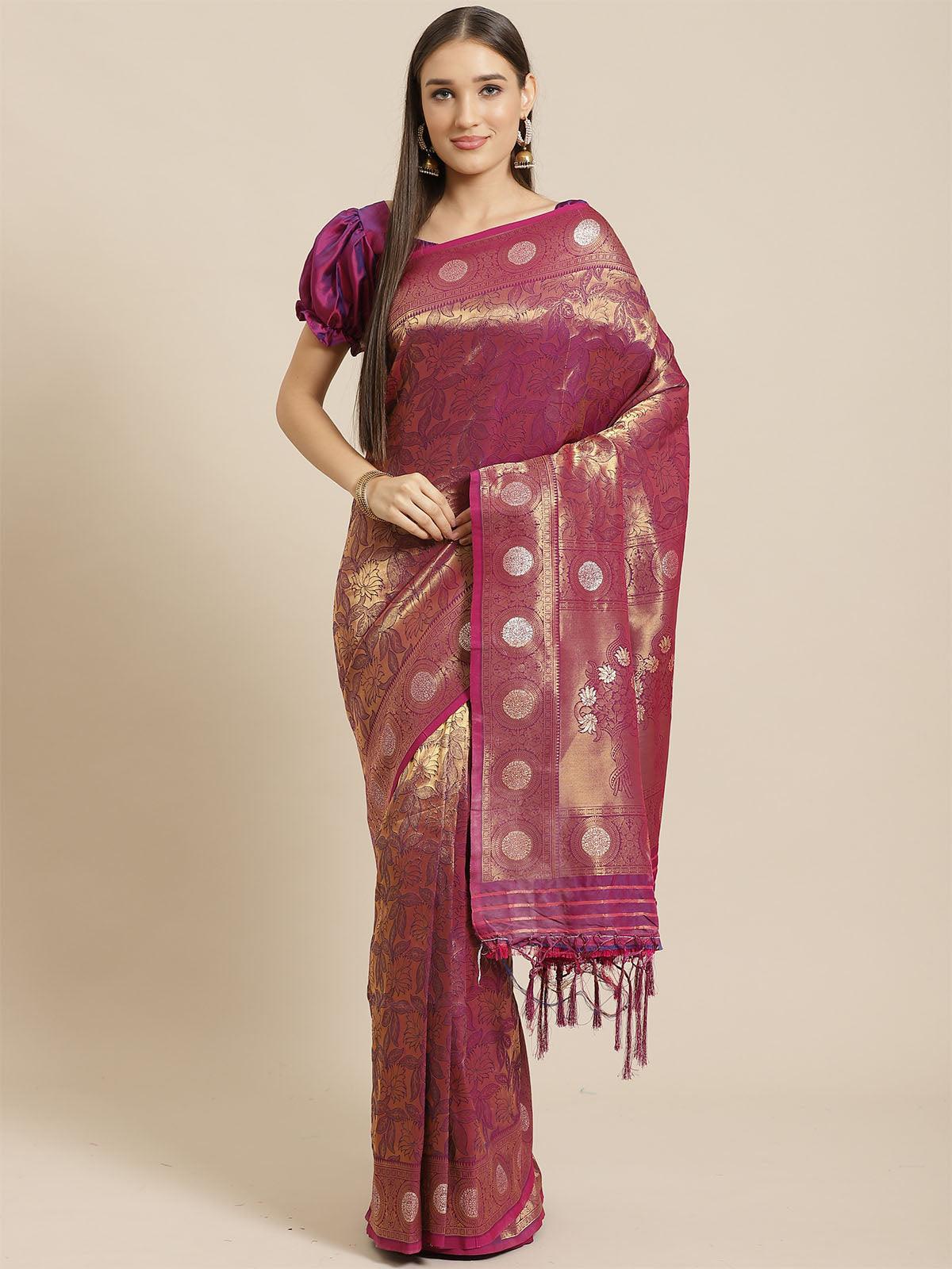 Magenta Festive Silk Blend Woven Saree With Unstitched Blouse - Odette