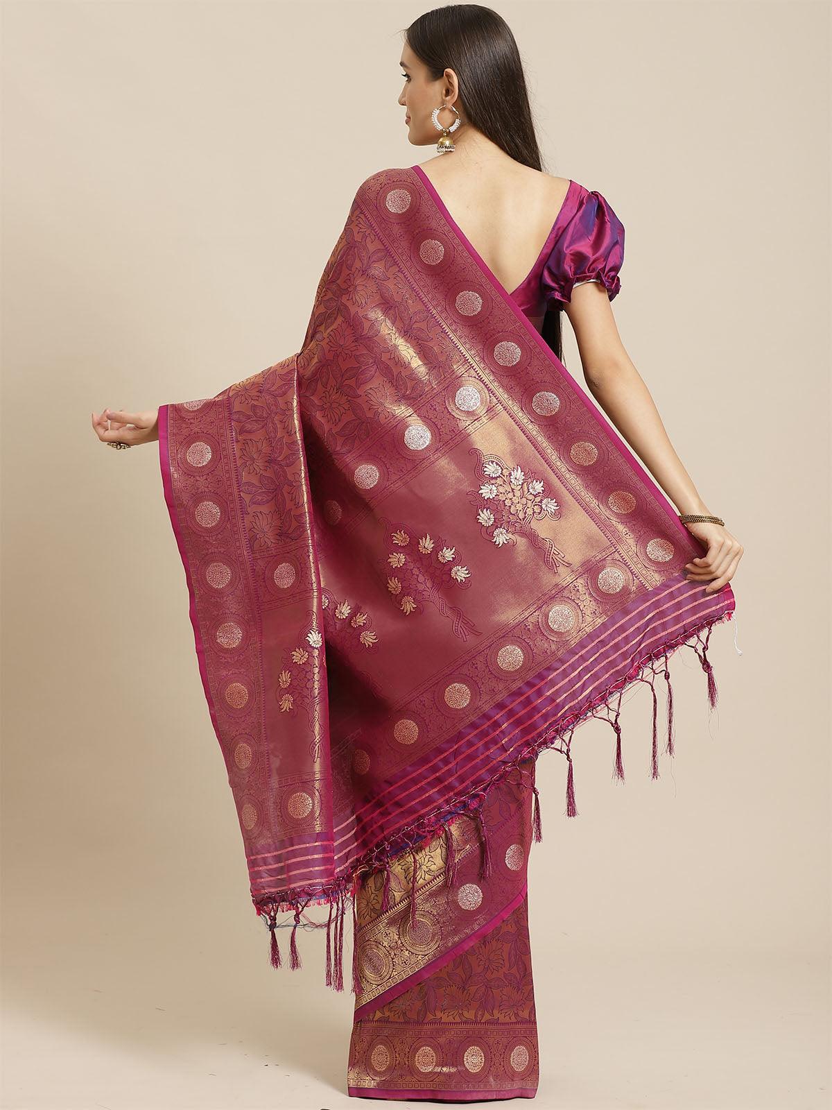 Magenta Festive Silk Blend Woven Saree With Unstitched Blouse - Odette