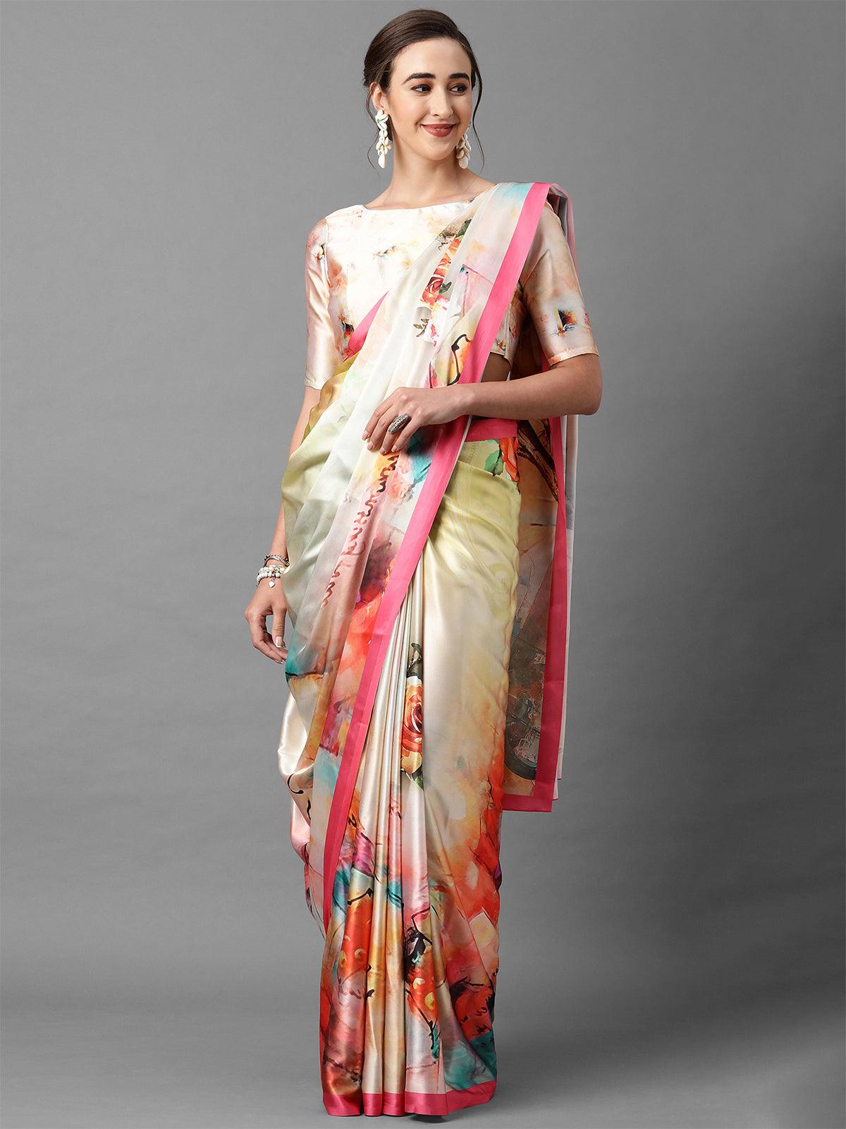 Malti Festive Satin Silk Printed Saree With Unstitched Blouse - Odette