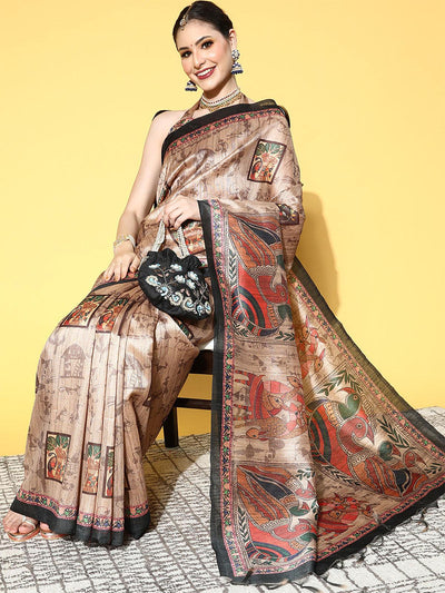 Manipuri Silk Beige Printed Designer Saree With Blouse Piece - Odette