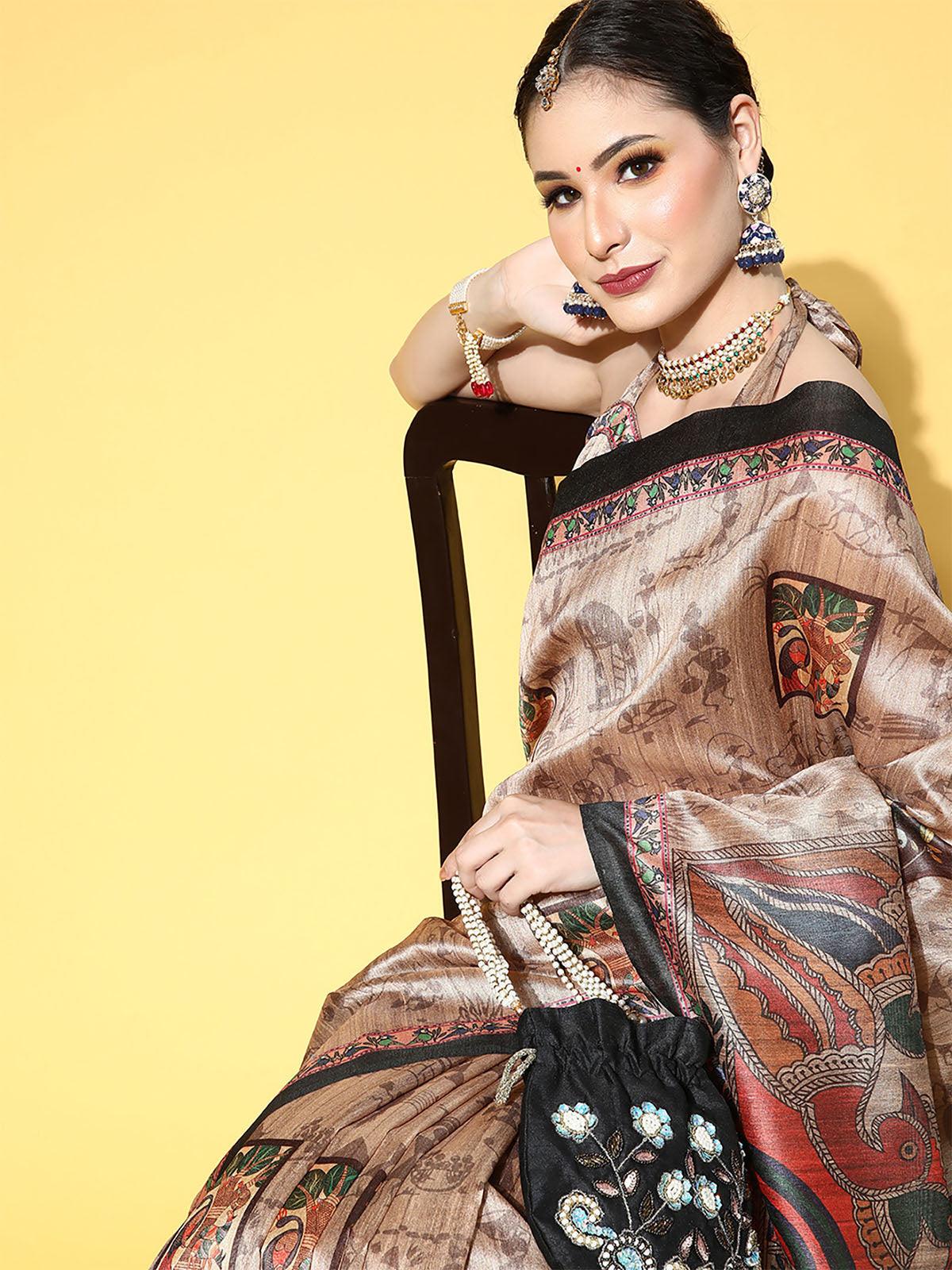 Manipuri Silk Beige Printed Designer Saree With Blouse Piece - Odette