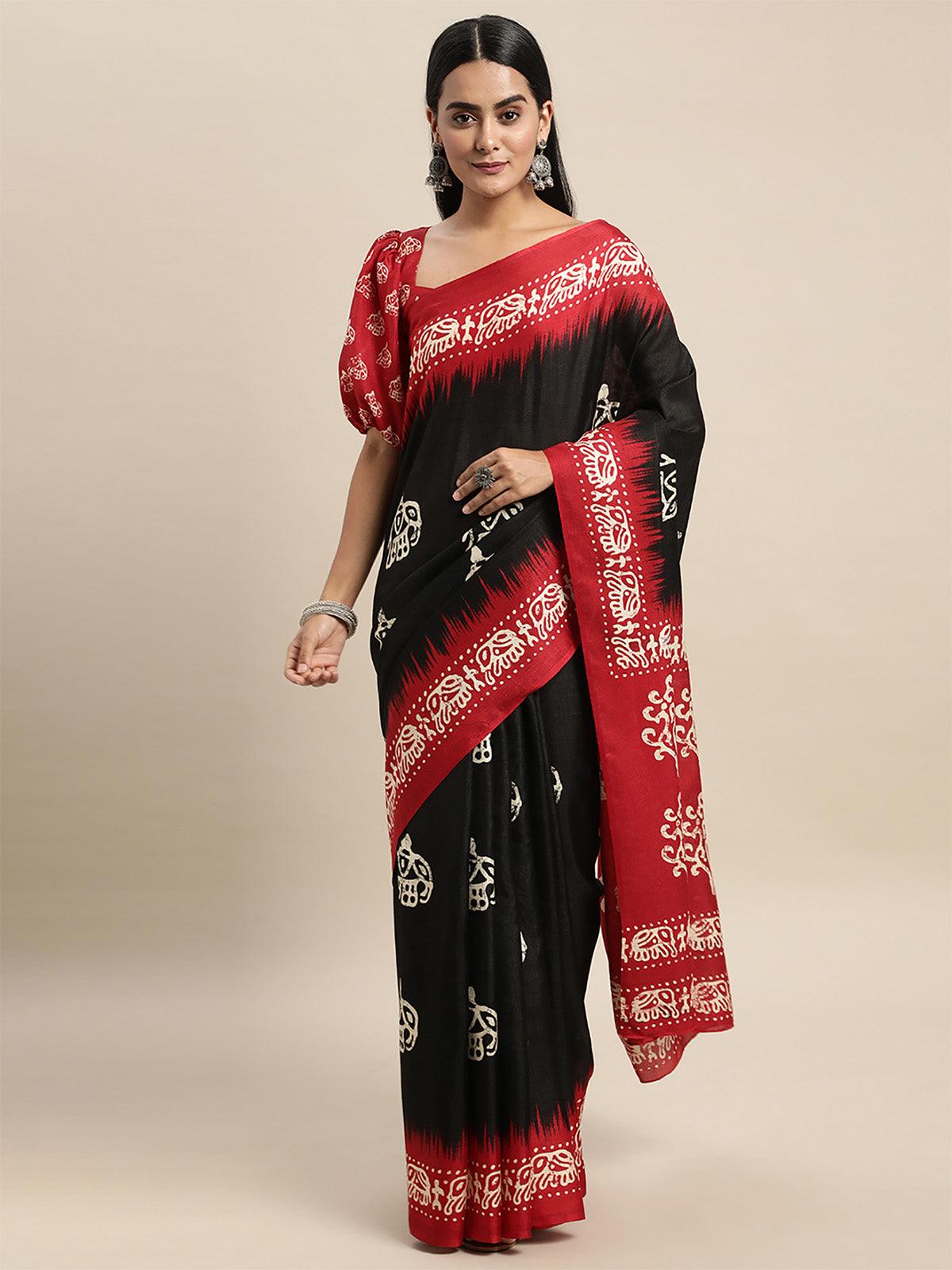 Manipuri Silk Black Printed Saree With Blouse Piece - Odette