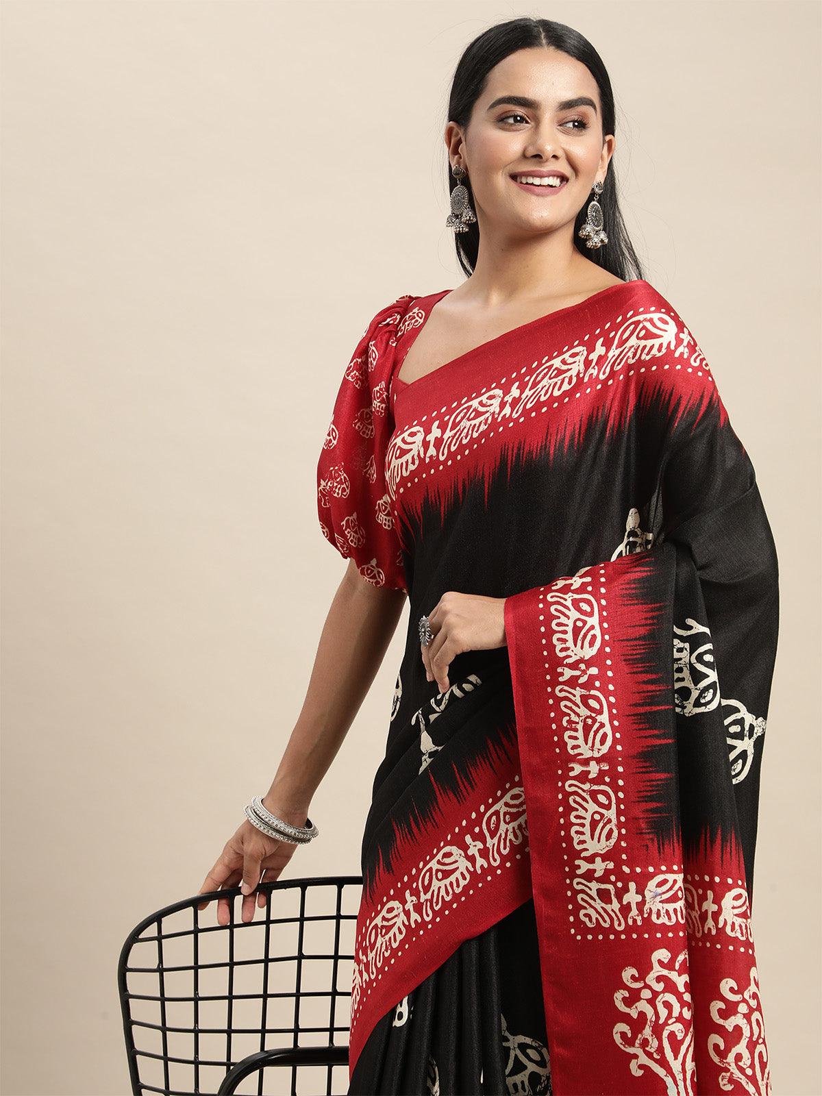 Manipuri Silk Black Printed Saree With Blouse Piece - Odette