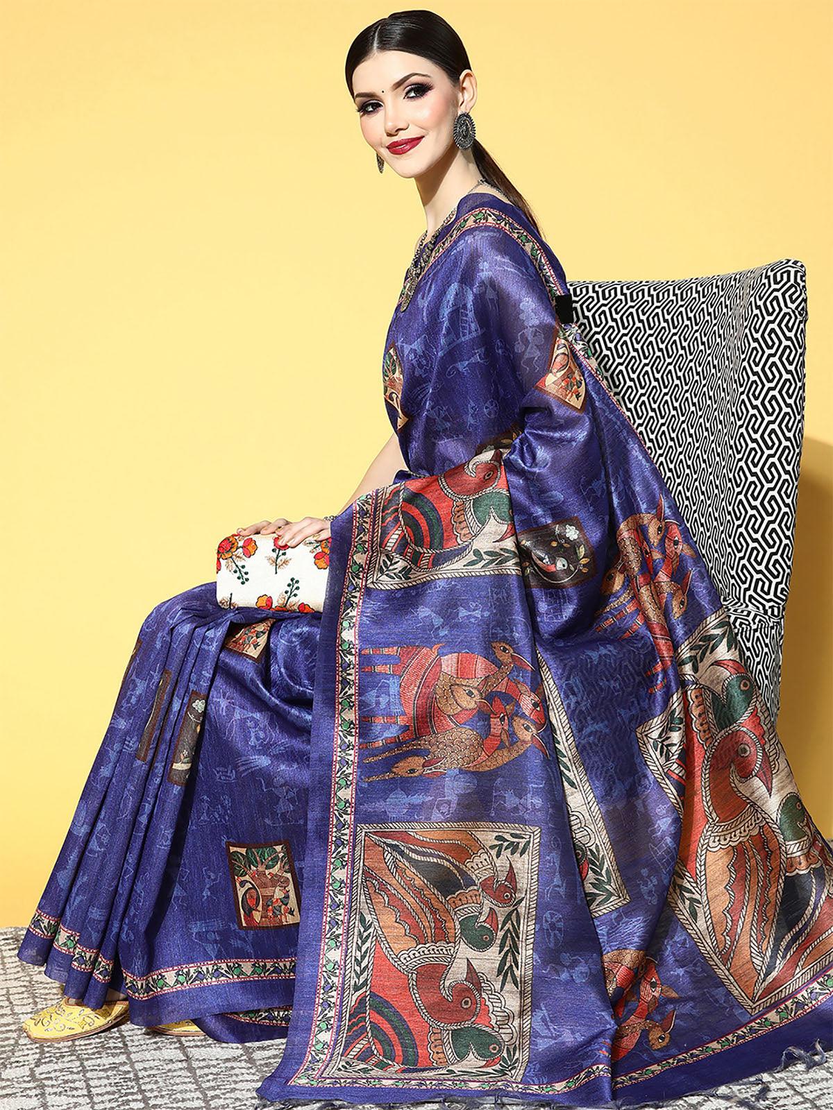 Manipuri Silk Blue Printed Designer Saree With Blouse Piece - Odette
