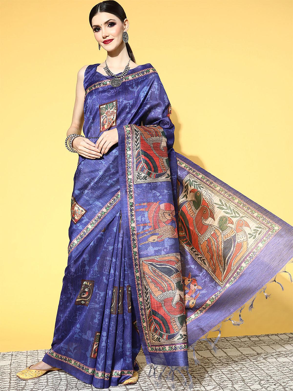 Manipuri Silk Blue Printed Designer Saree With Blouse Piece - Odette