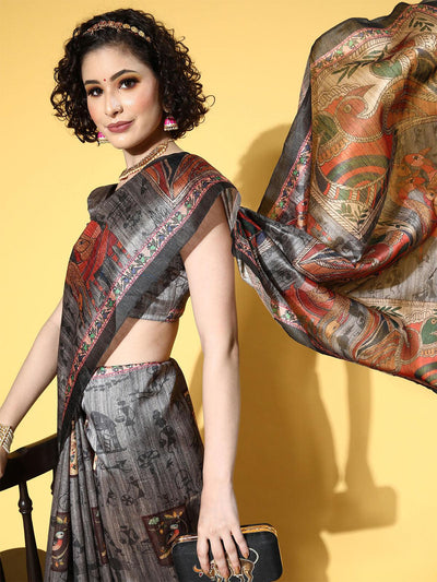 Manipuri Silk Charcoal Grey Printed Designer Saree With Blouse Piece - Odette
