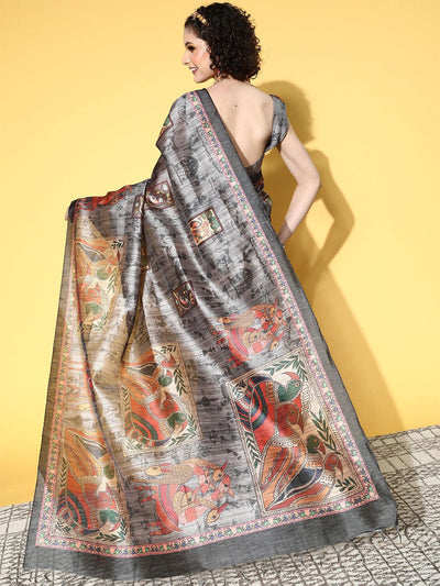 Manipuri Silk Charcoal Grey Printed Designer Saree With Blouse Piece - Odette
