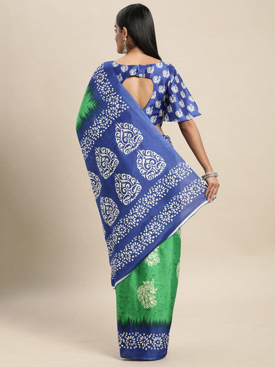Manipuri Silk Green Printed Saree With Blouse Piece - Odette