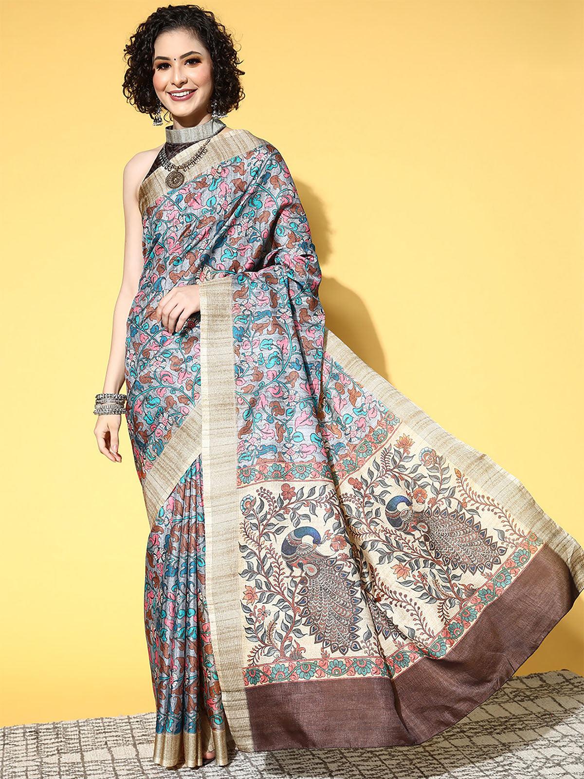 Manipuri Silk Grey Printed Designer Saree With Blouse Piece - Odette