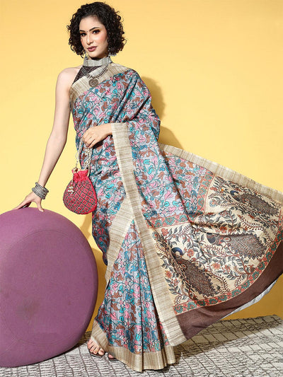 Manipuri Silk Grey Printed Designer Saree With Blouse Piece - Odette