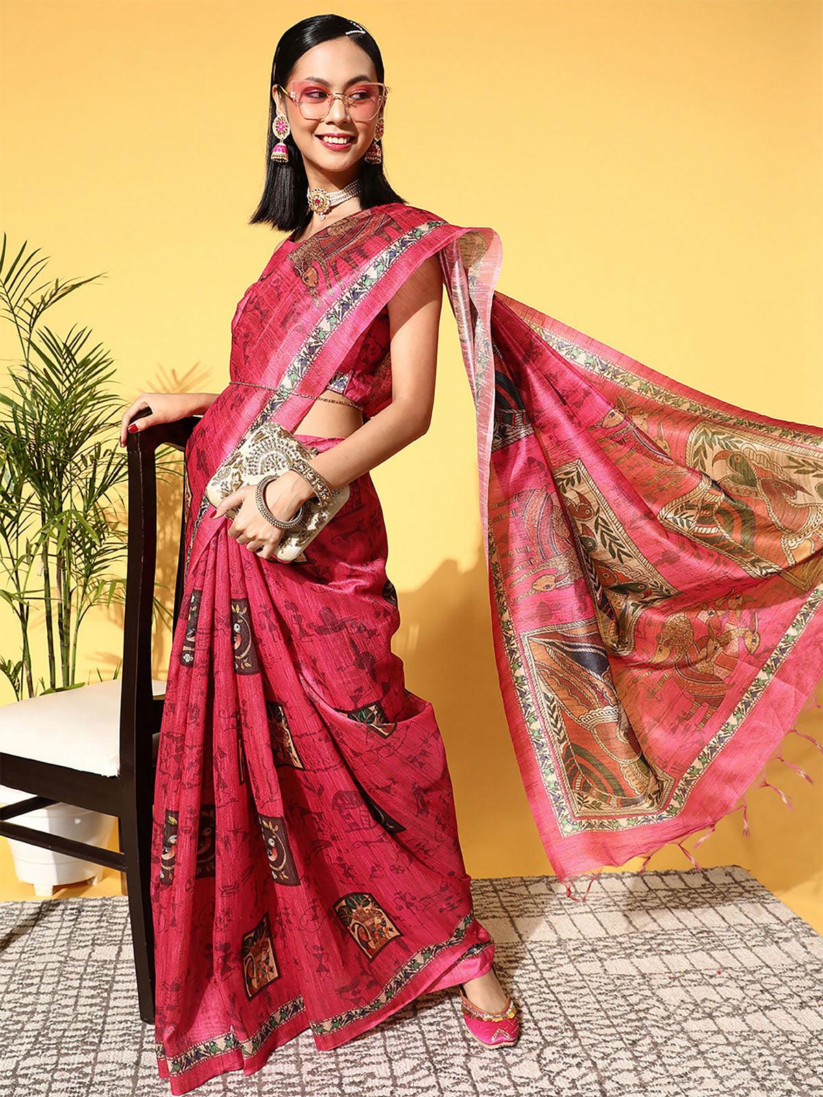 Manipuri Silk Pink Printed Designer Saree With Blouse Piece - Odette