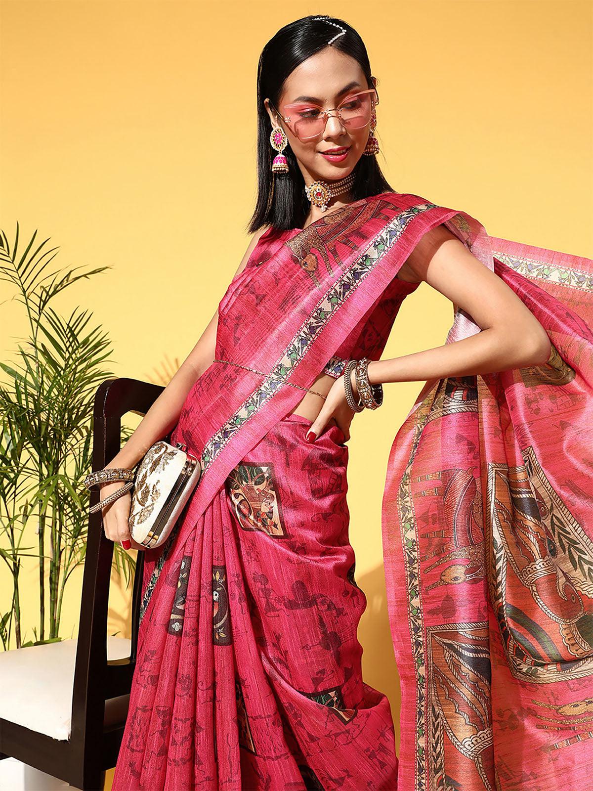 Manipuri Silk Pink Printed Designer Saree With Blouse Piece - Odette