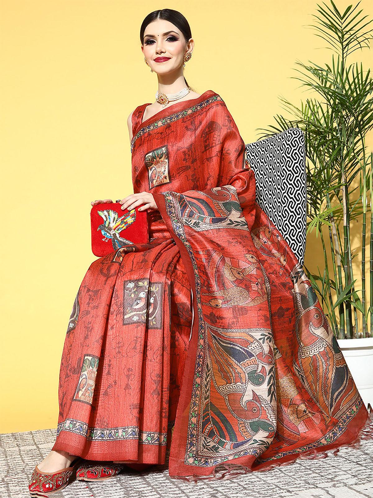 Manipuri Silk Red Printed Designer Saree With Blouse Piece - Odette