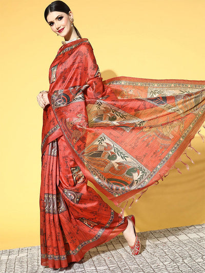 Manipuri Silk Red Printed Designer Saree With Blouse Piece - Odette