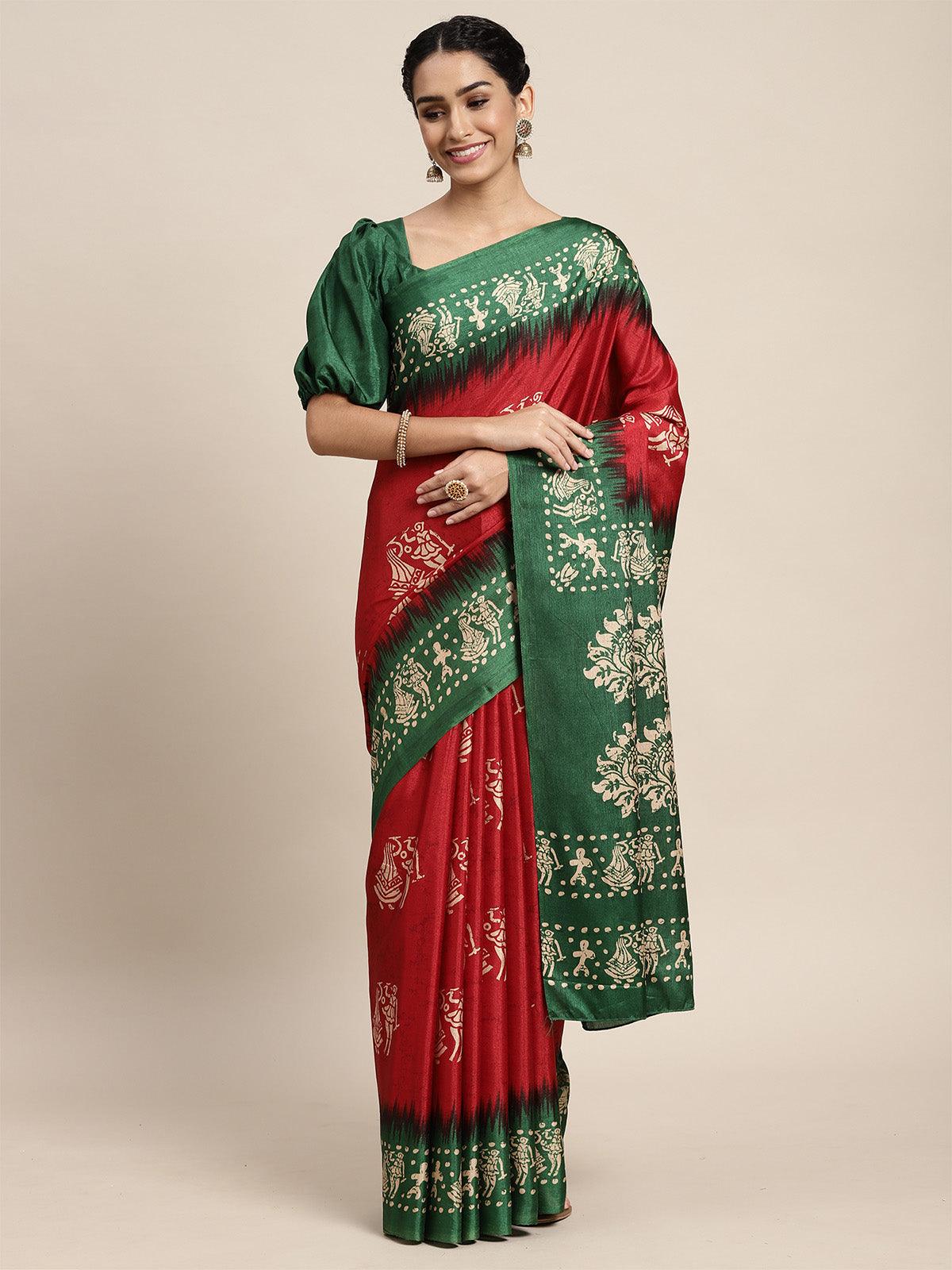 Manipuri Silk Red Printed Saree With Blouse Piece - Odette