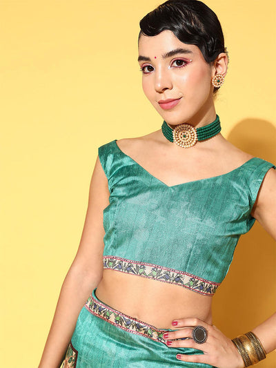 Manipuri Silk Sea Green Printed Designer Saree With Blouse Piece - Odette