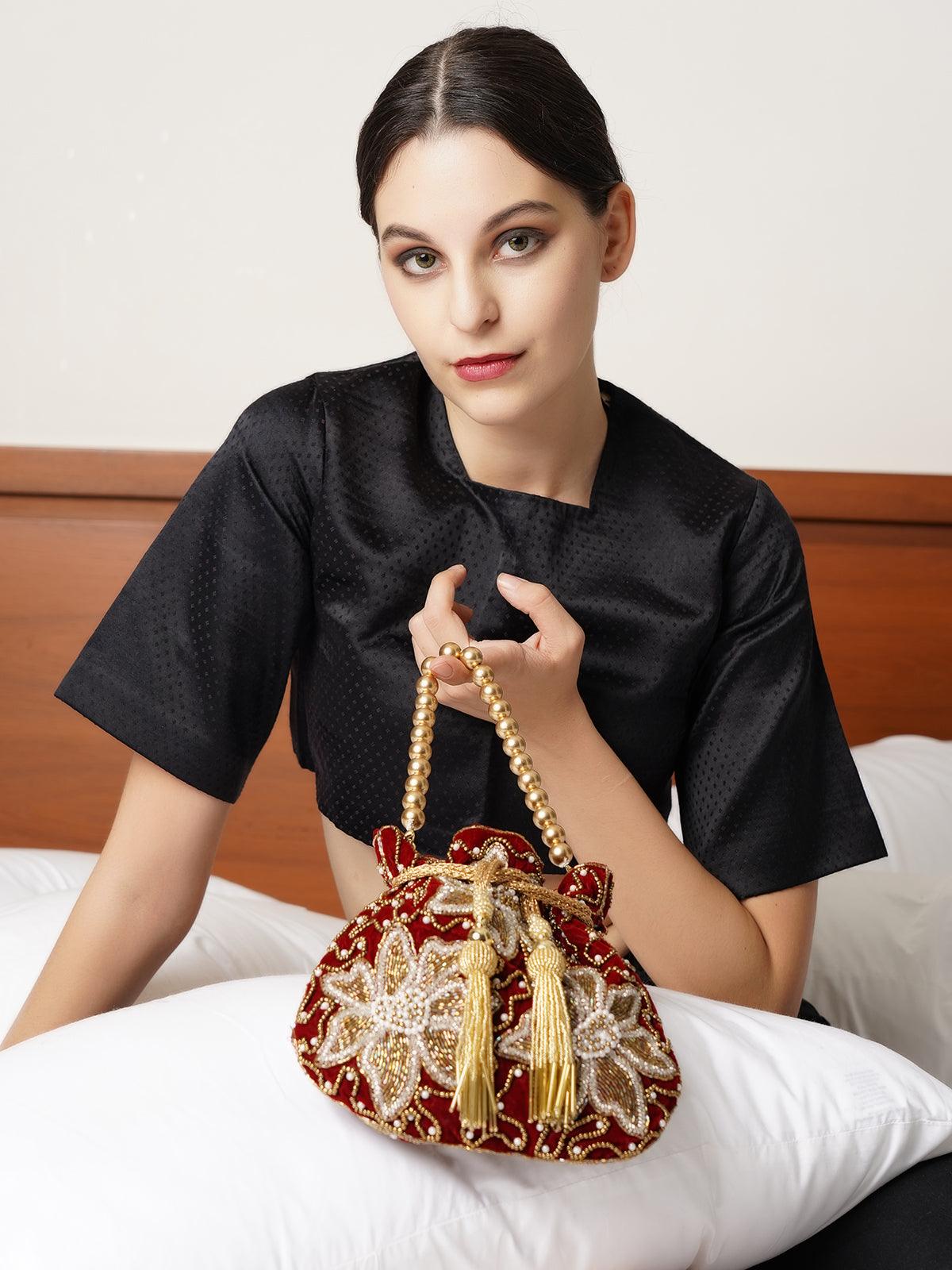 Buy Brown and copper acrylic & fabric potli handbag! Online. – Odette
