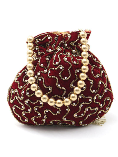 Maroon and Golden Beaded Potli Handbag! - Odette