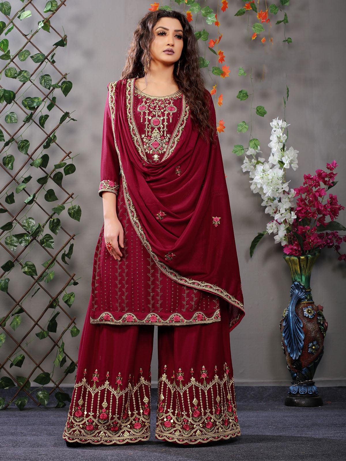 Maroon Chinon Heavy Designer Embroidery  Kurta Set - Odette