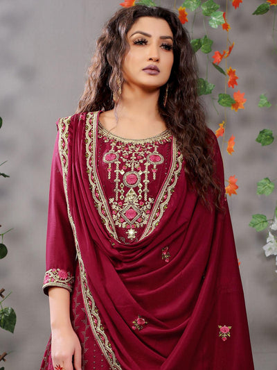 Maroon Chinon Heavy Designer Embroidery  Kurta Set - Odette