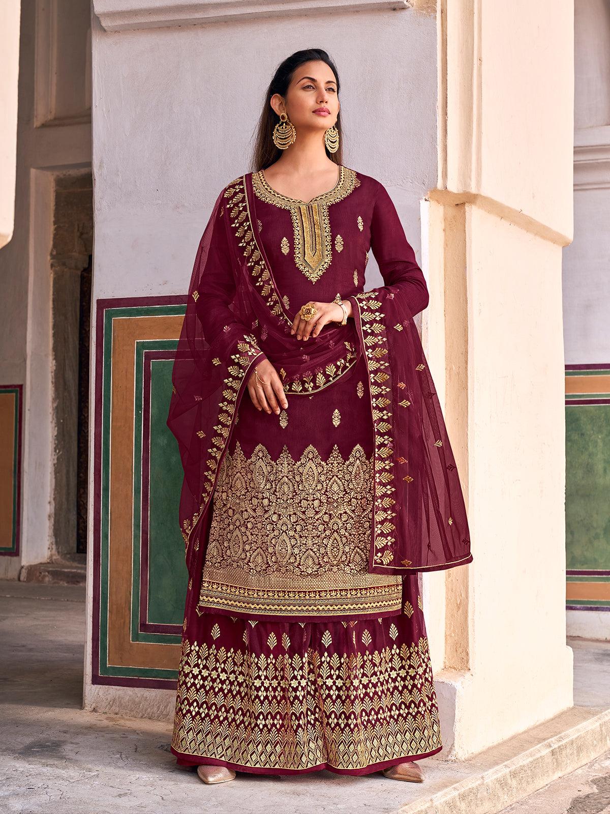 Buy Maroon Embroidery Party Wear Pant Style Suit In USA, UK, Canada,  Australia, Newzeland online