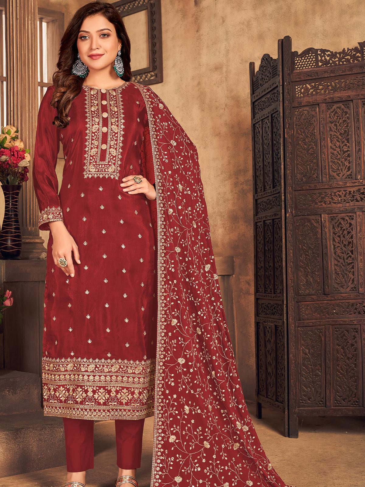 Maroon Color Viscose Base Staight Suit - Odette