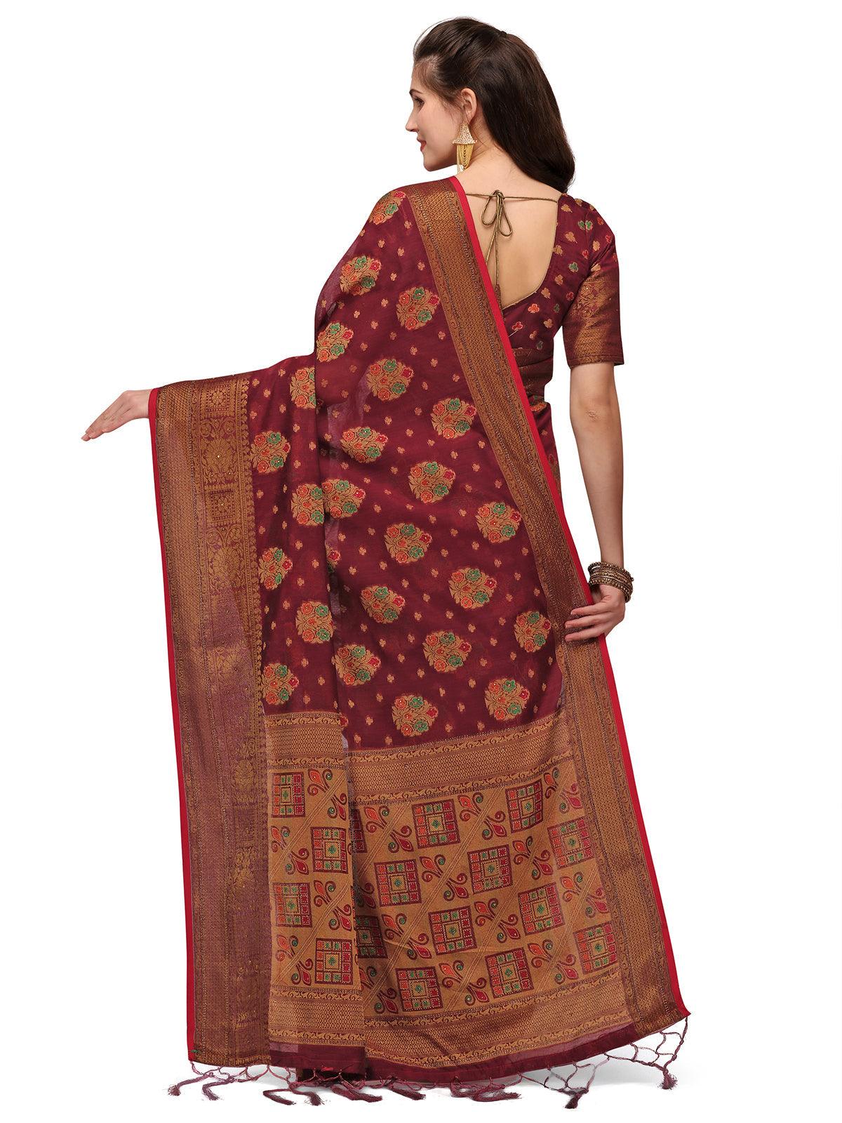 Maroon Colour Banarasi Silk Embelished Work Saree - Odette