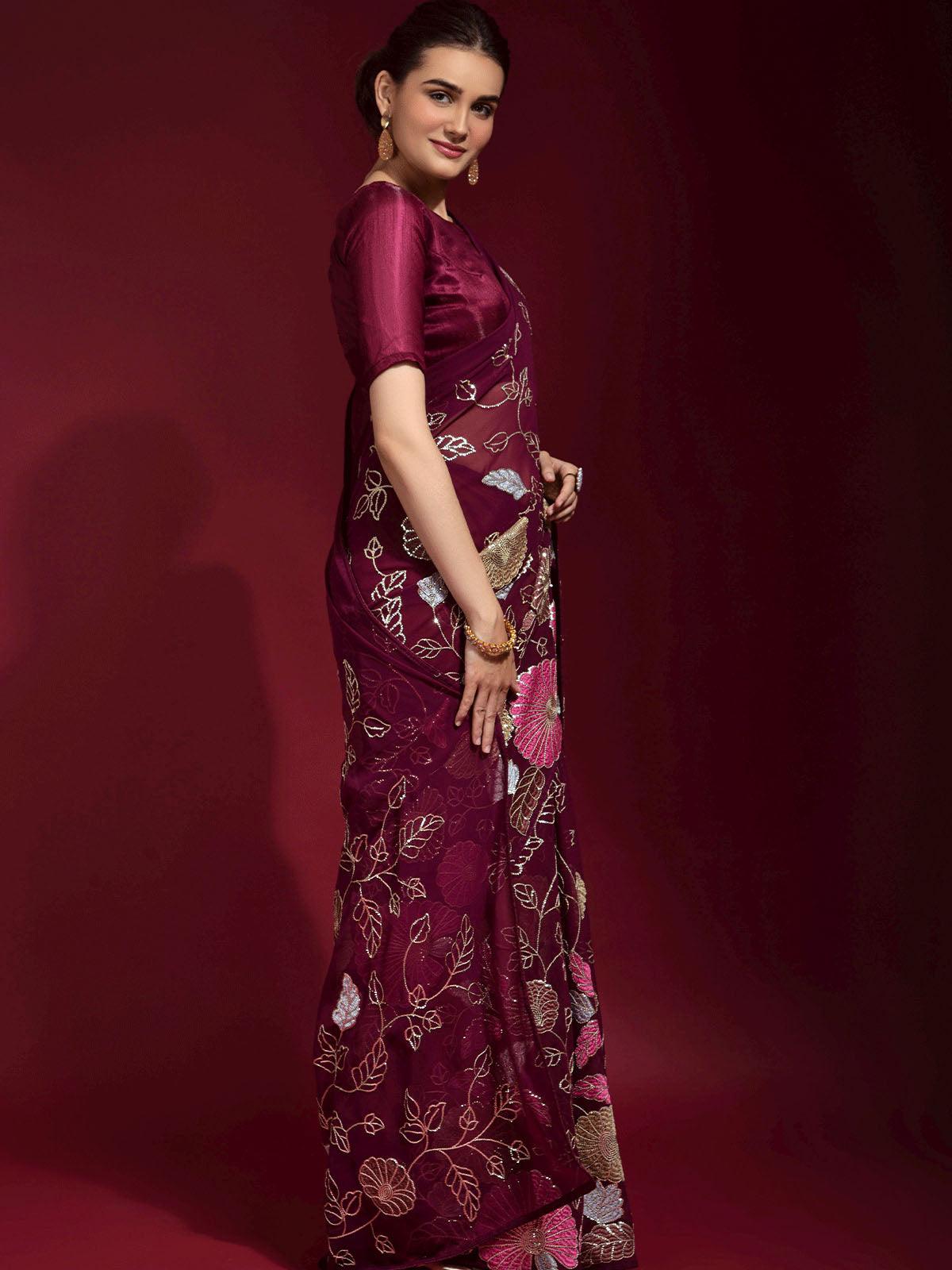 Maroon Embroidered Banglori Silk Saree - Odette