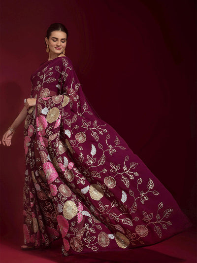 Maroon Embroidered Banglori Silk Saree - Odette