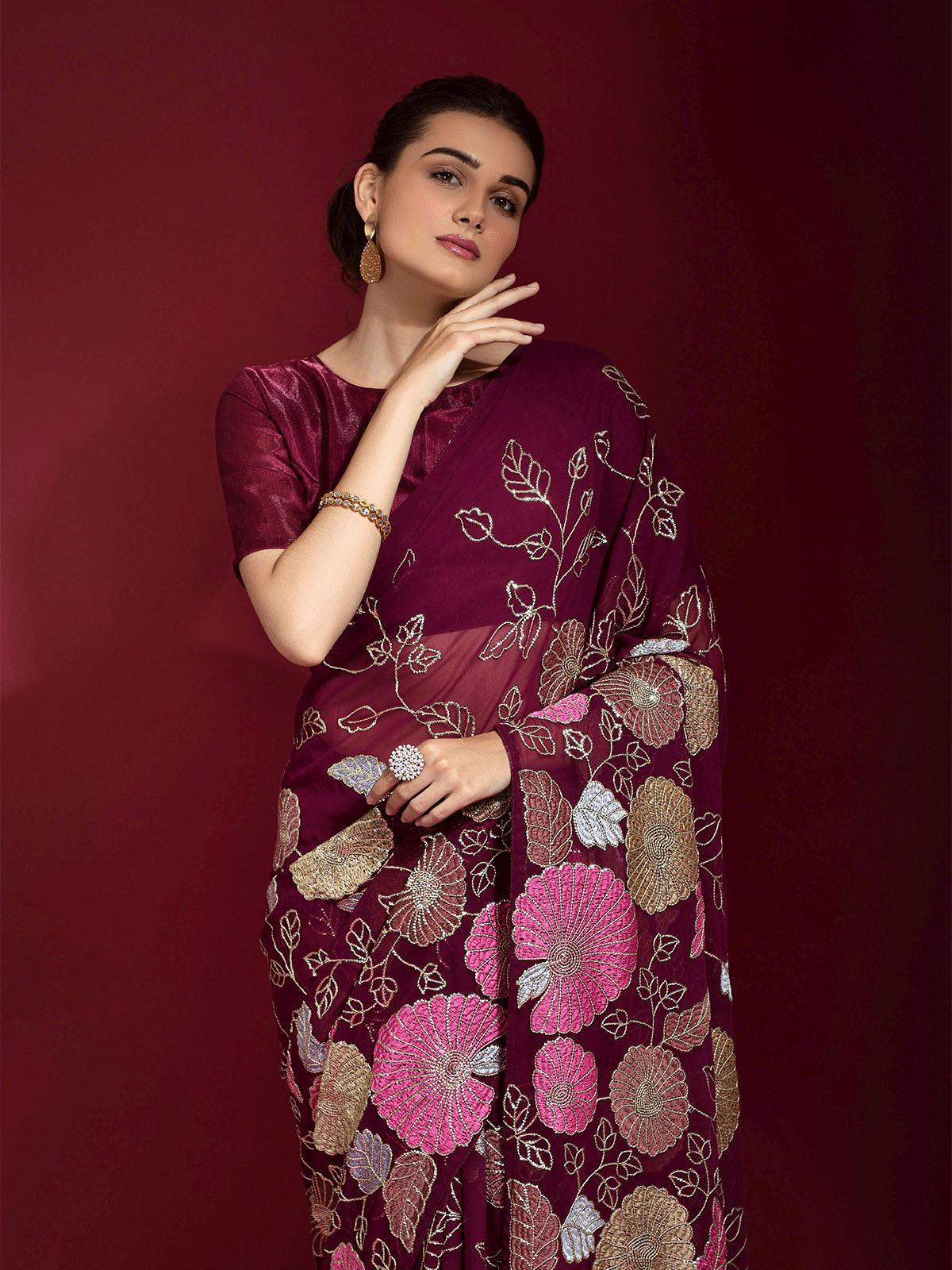 Maroon Embroidered Banglori Silk Saree - Odette