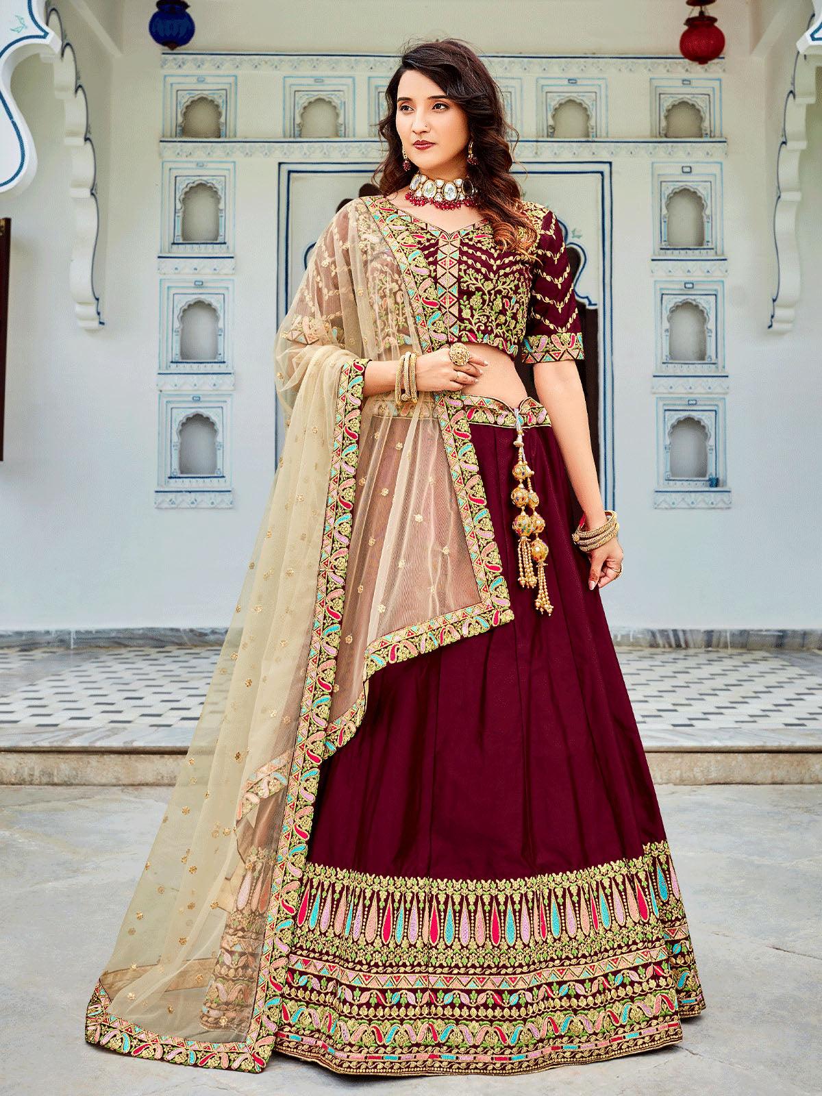 Buy Maroon & Golden Semi-Stitched Myntra Lehenga & Unstitched Blouse with  DupattaOnline from EthnicPlus for ₹2899