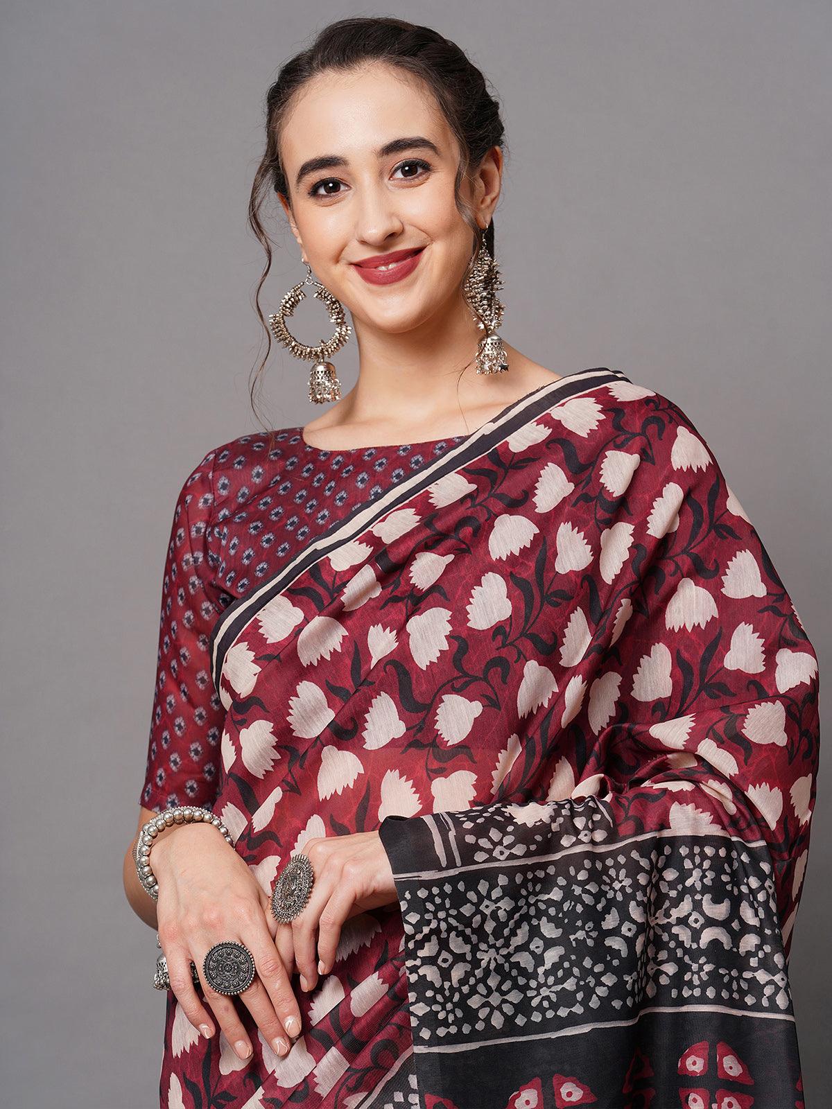 Maroon Festive Bhagalpuri Silk Printed Saree With Unstitched Blouse - Odette