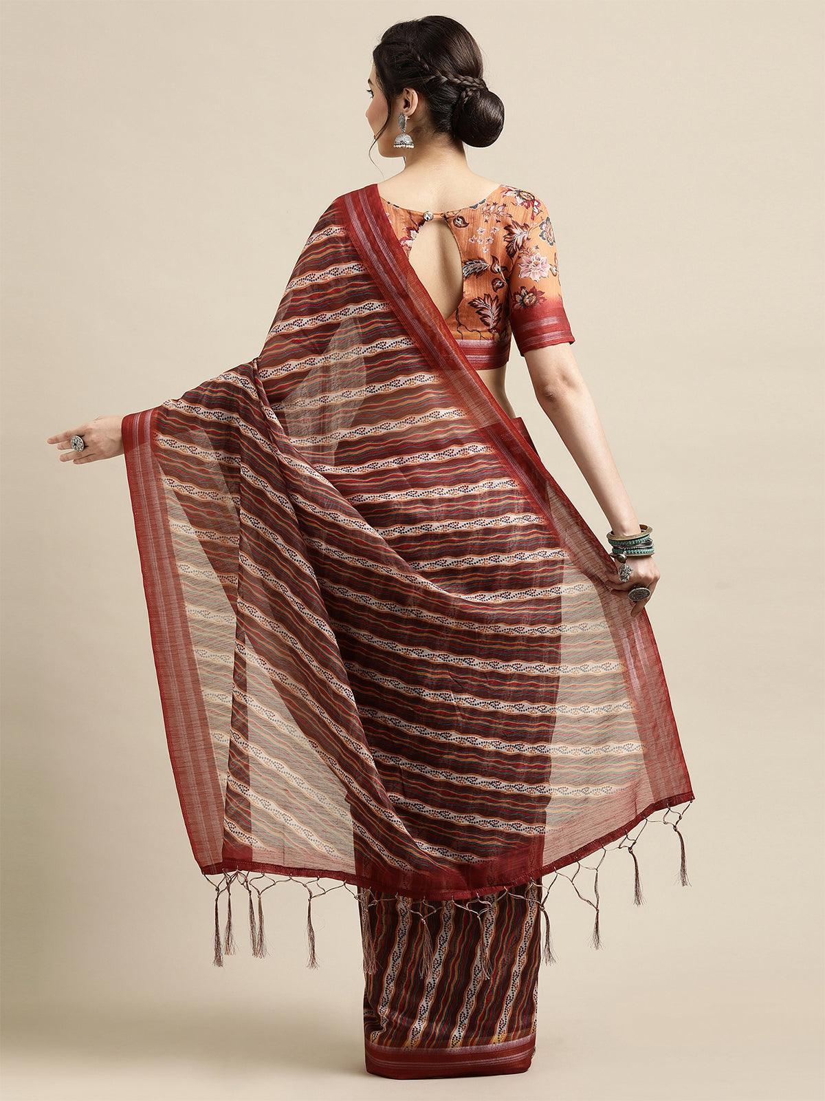 Maroon Festive Linen Blend Printed Saree With Unstitched Blouse - Odette