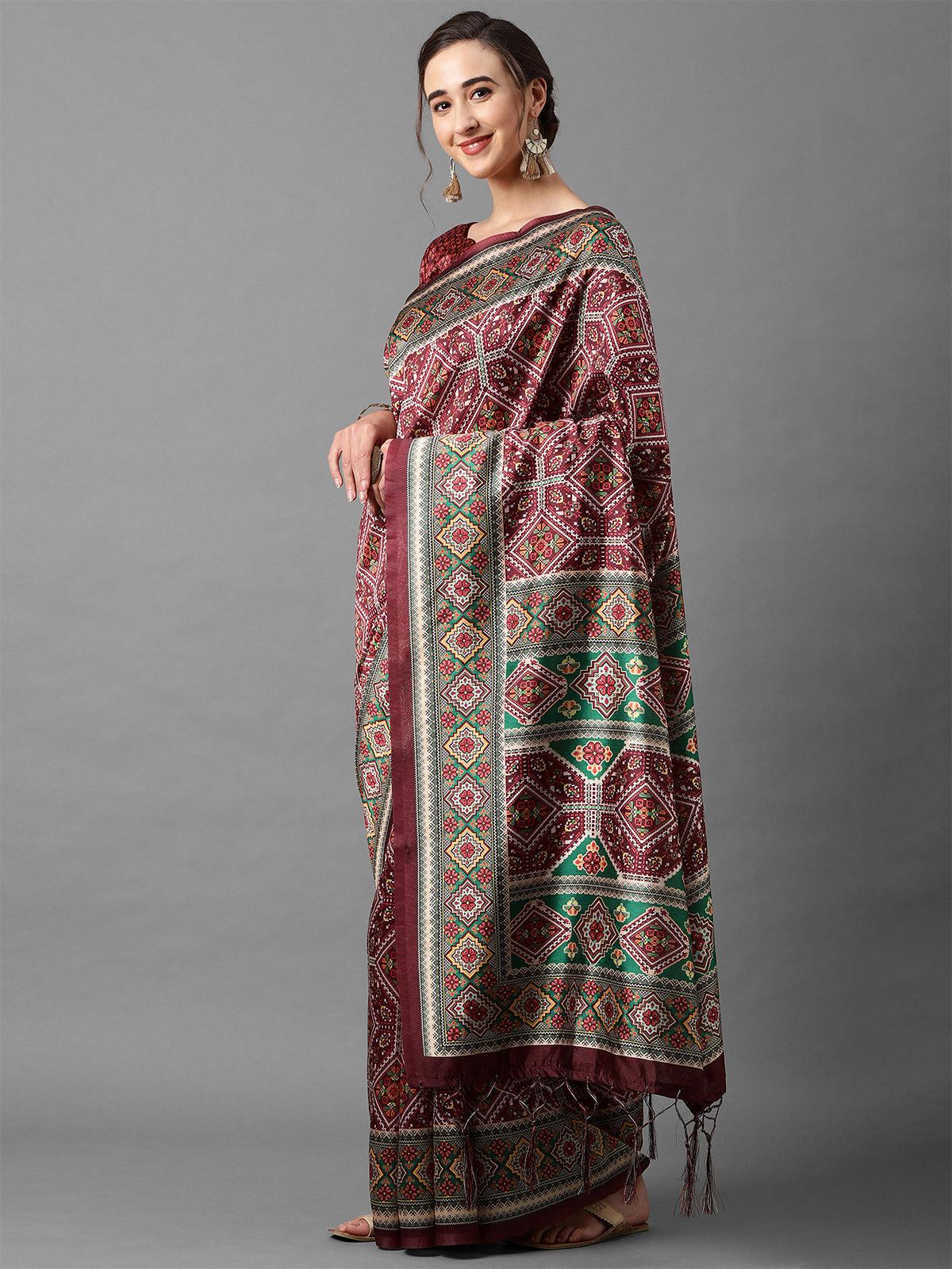 Maroon Festive Patola Silk Patola Saree With Unstitched Blouse - Odette