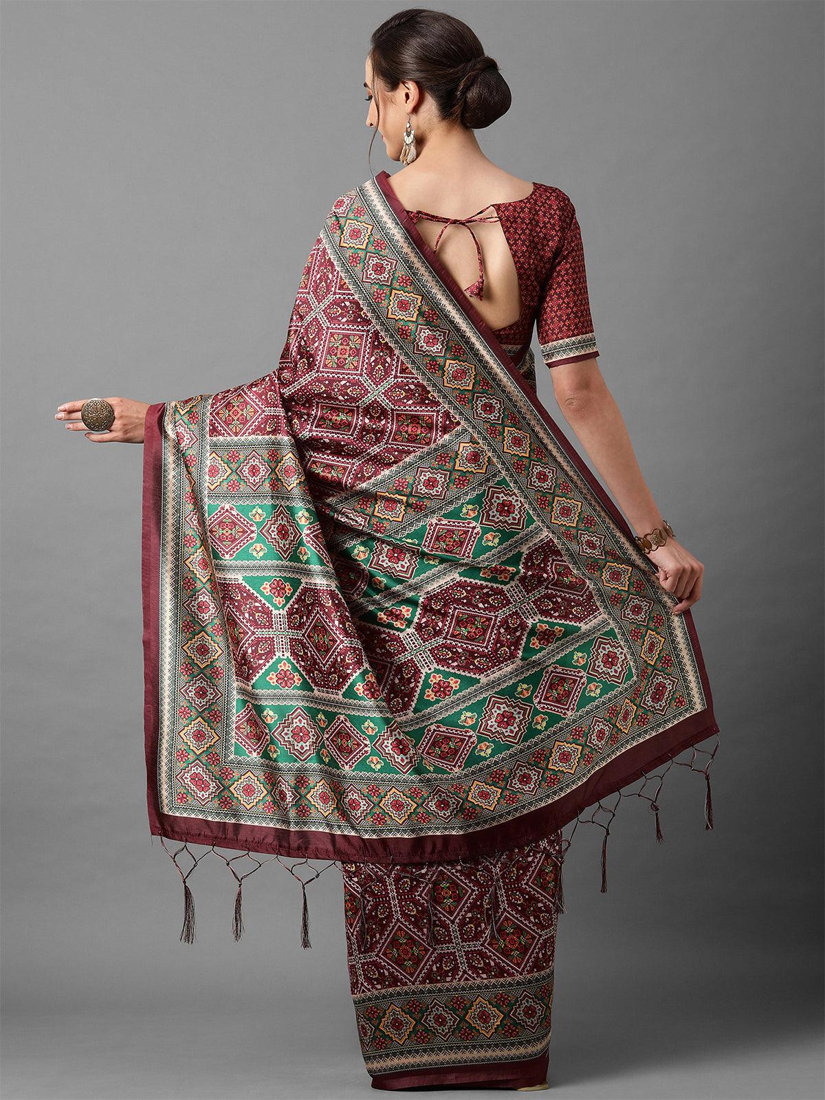 Maroon Festive Patola Silk Patola Saree With Unstitched Blouse - Odette