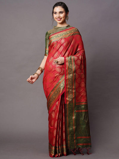 Maroon Festive Silk Blend Woven Design Saree With Unstitched Blouse - Odette
