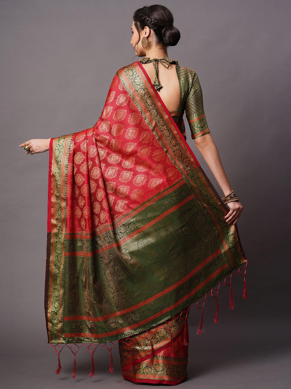 Maroon Festive Silk Blend Woven Design Saree With Unstitched Blouse - Odette