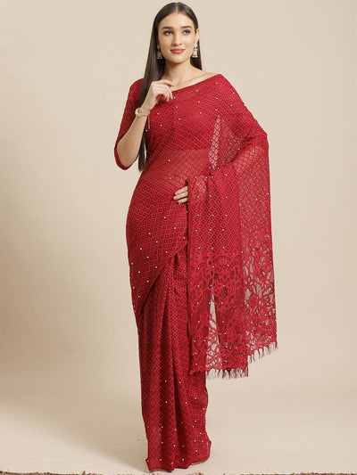 Maroon Party Wear Net(Super Net) Solid Saree With Unstitched Blouse - Odette