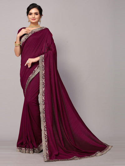 Maroon Poly Silk Embroidery Border Work Saree with Blouse. - Odette