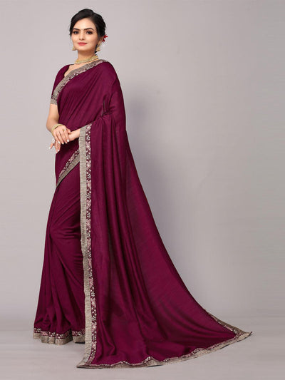 Maroon Poly Silk Embroidery Border Work Saree with Blouse. - Odette