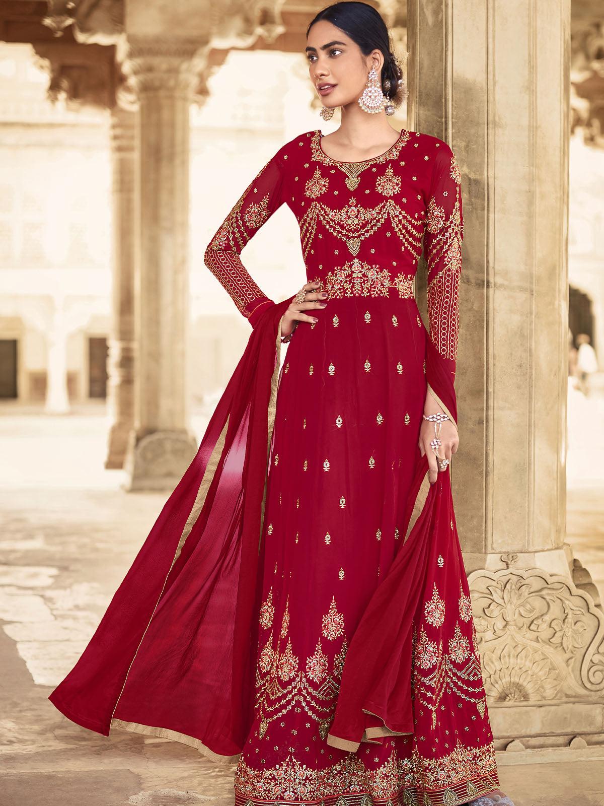Maroon Unstitched Embroidered Dress Material With Dupatta - Odette