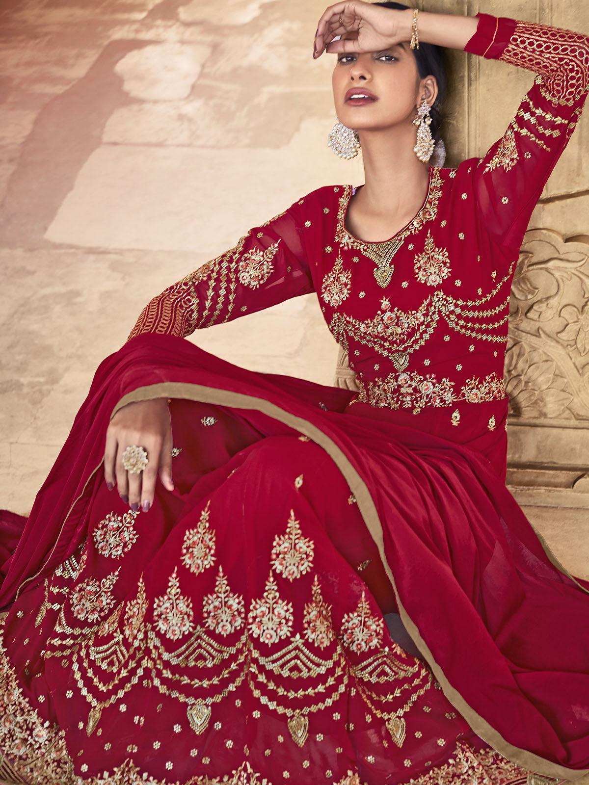 Maroon Unstitched Embroidered Dress Material With Dupatta - Odette