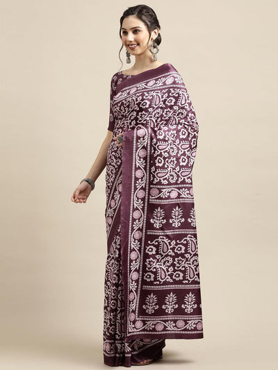 Mauve Casual Dola silk Printed Saree With Unstitched Blouse - Odette