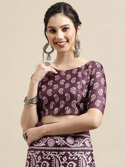 Mauve Casual Dola silk Printed Saree With Unstitched Blouse - Odette