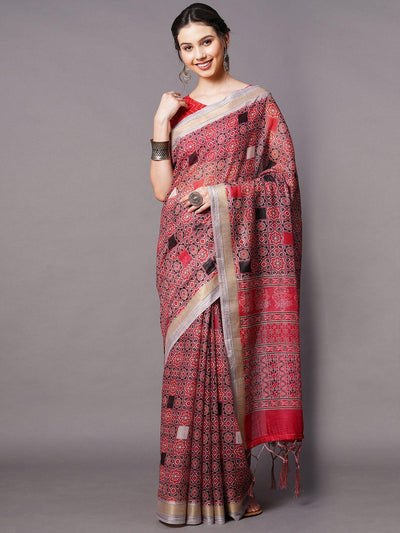 Mauve Festive Linen Blend Printed Saree With Unstitched Blouse - Odette