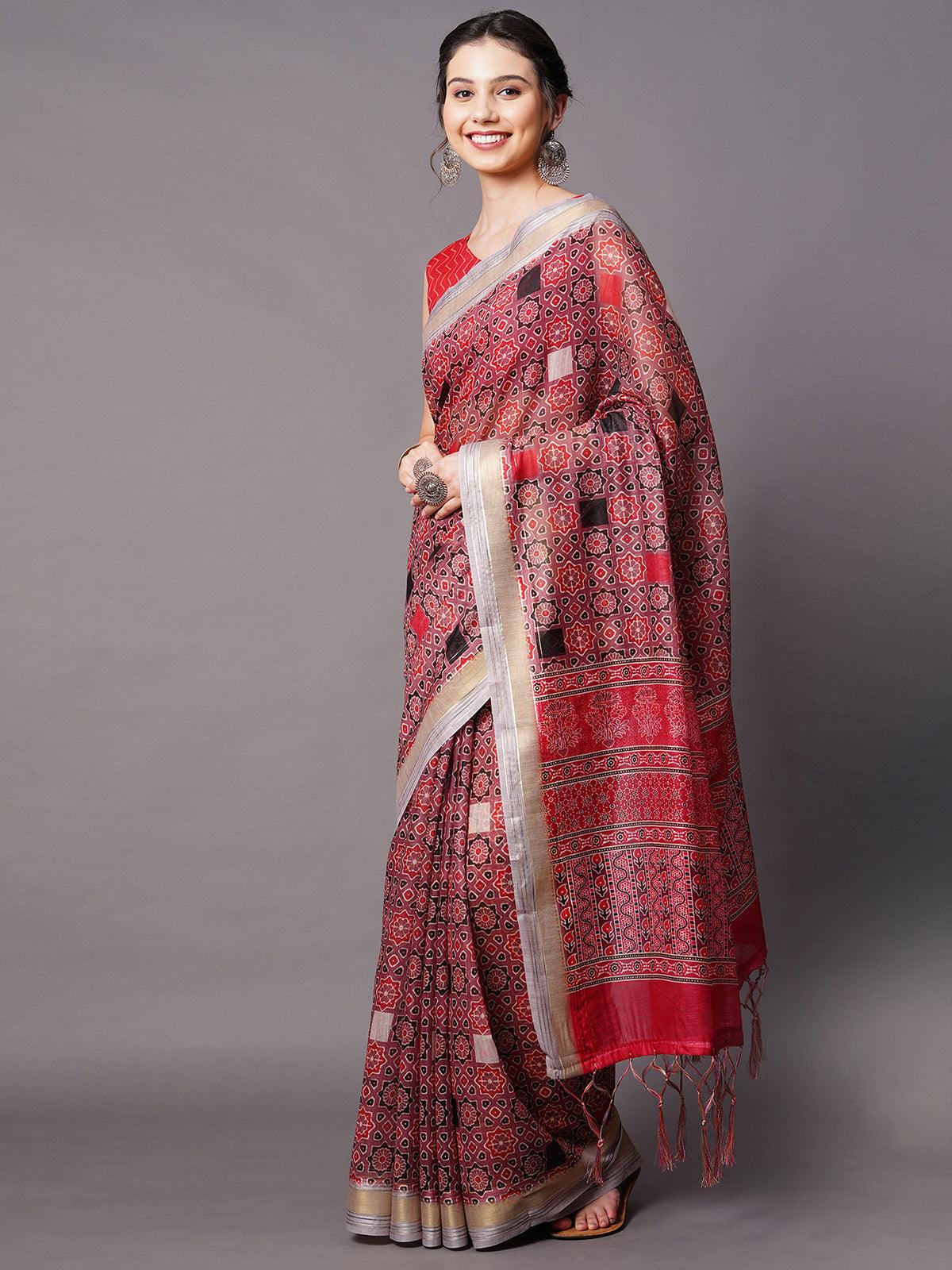 Mauve Festive Linen Blend Printed Saree With Unstitched Blouse - Odette