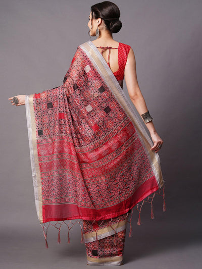 Mauve Festive Linen Blend Printed Saree With Unstitched Blouse - Odette