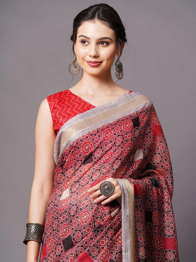 Mauve Festive Linen Blend Printed Saree With Unstitched Blouse - Odette