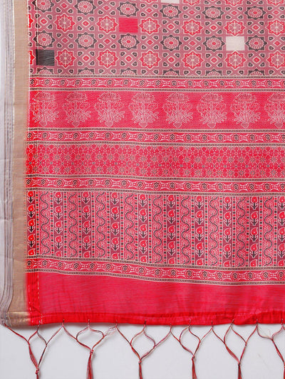 Mauve Festive Linen Blend Printed Saree With Unstitched Blouse - Odette